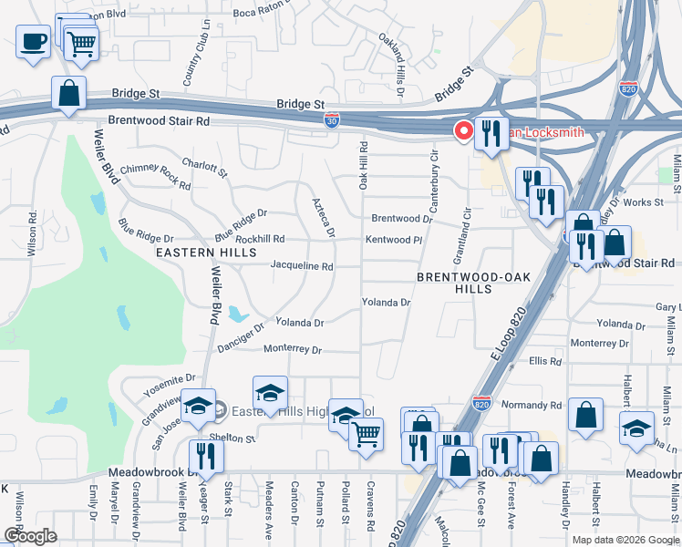 map of restaurants, bars, coffee shops, grocery stores, and more near 1701 Azteca Drive in Fort Worth