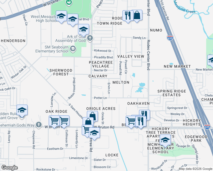 map of restaurants, bars, coffee shops, grocery stores, and more near 1033 Ervin Ln in Mesquite