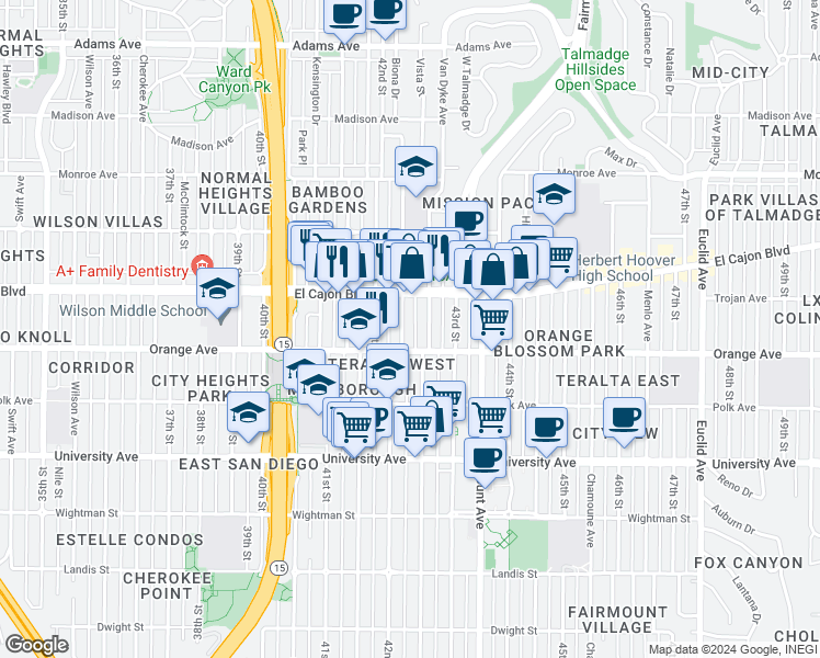 map of restaurants, bars, coffee shops, grocery stores, and more near 4235 Copeland Avenue in San Diego