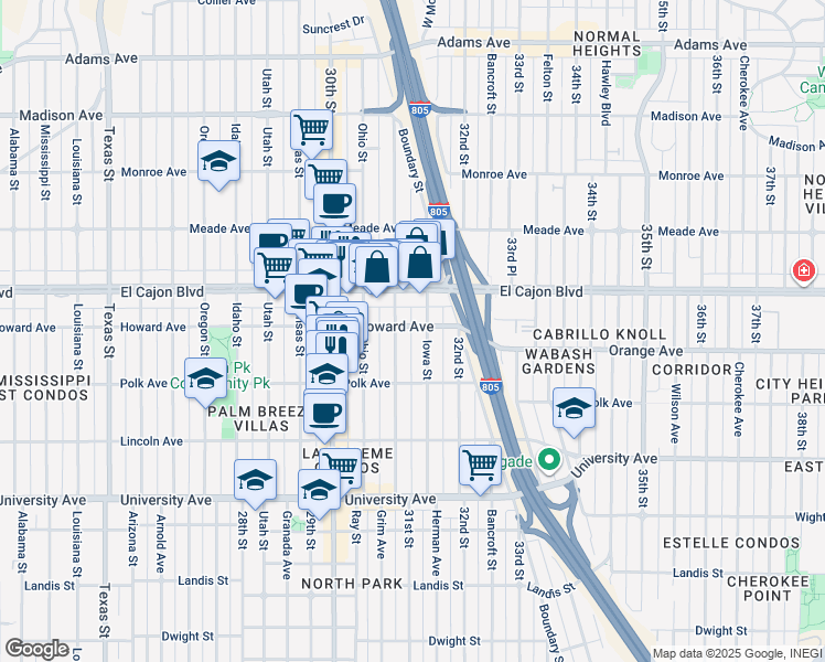 map of restaurants, bars, coffee shops, grocery stores, and more near 3125 Howard Avenue in San Diego