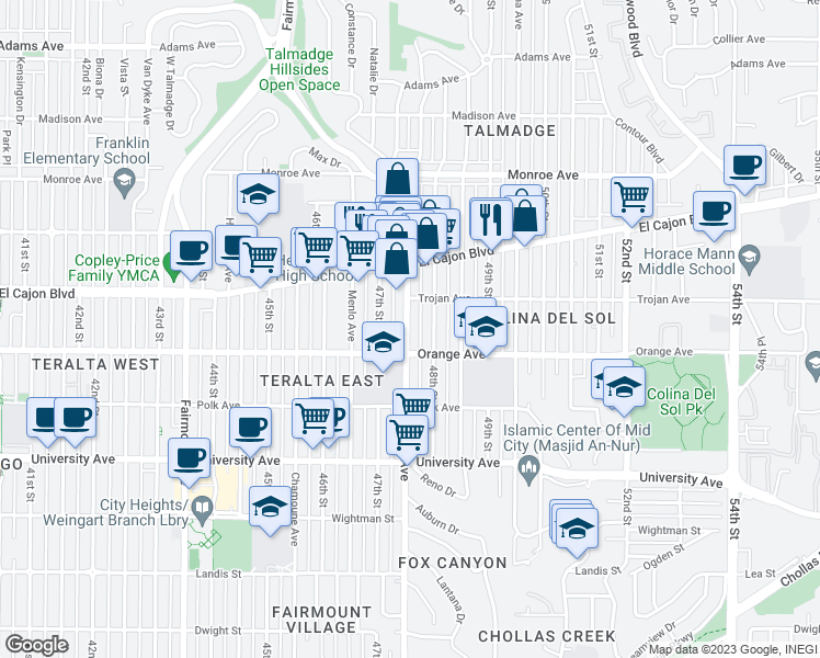 map of restaurants, bars, coffee shops, grocery stores, and more near 4237 1/2 Euclid Avenue in San Diego