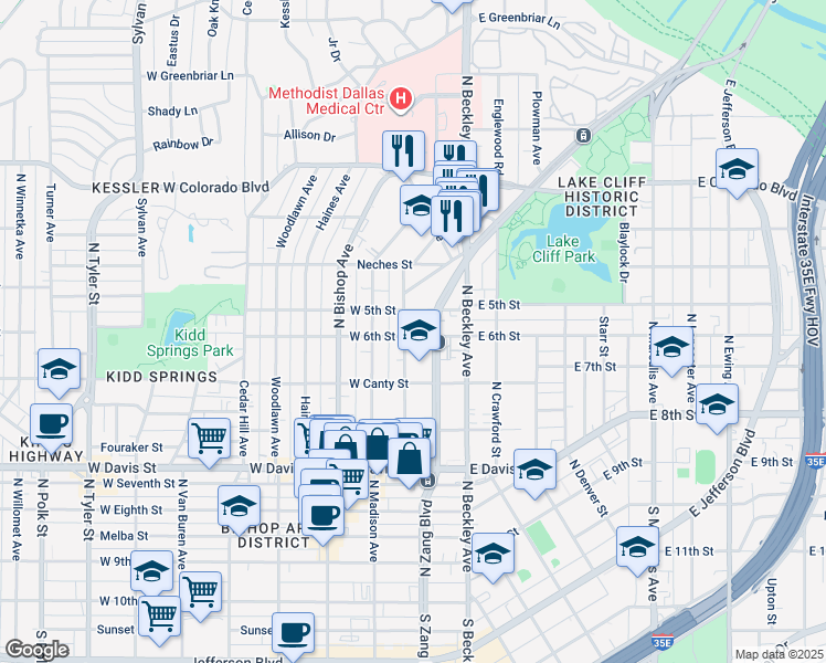 map of restaurants, bars, coffee shops, grocery stores, and more near 900 Elsbeth Street in Dallas