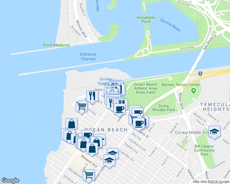 map of restaurants, bars, coffee shops, grocery stores, and more near 5036 West Point Loma Boulevard in San Diego