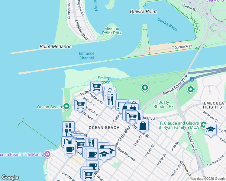 map of restaurants, bars, coffee shops, grocery stores, and more near 5036 West Point Loma Boulevard in San Diego