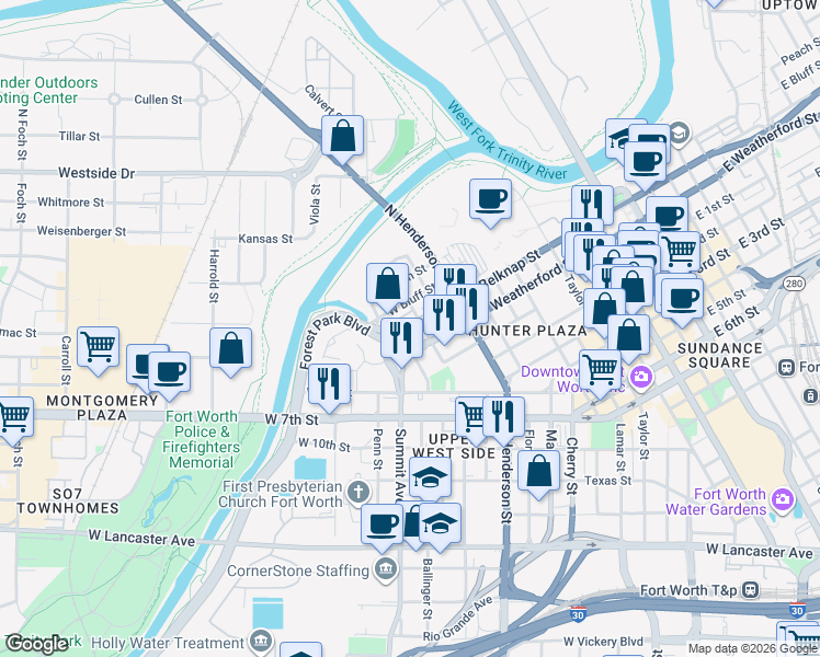 map of restaurants, bars, coffee shops, grocery stores, and more near Belknap Street in Fort Worth
