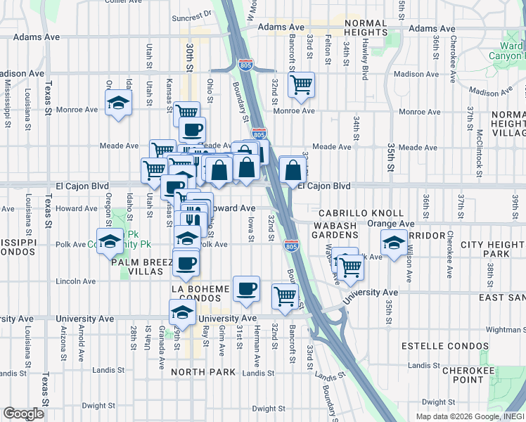 map of restaurants, bars, coffee shops, grocery stores, and more near 3167 Howard Avenue in San Diego