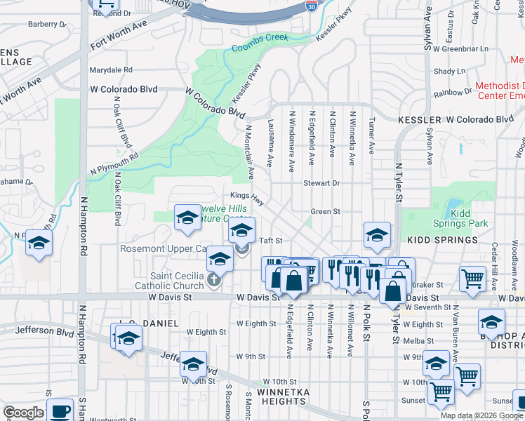 map of restaurants, bars, coffee shops, grocery stores, and more near 1526 Kings Highway in Dallas