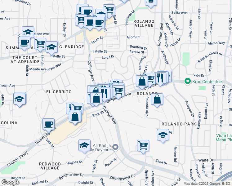map of restaurants, bars, coffee shops, grocery stores, and more near 6139 Malcolm Drive in San Diego