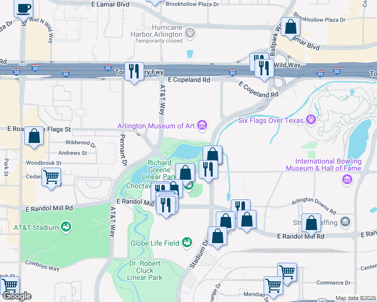 map of restaurants, bars, coffee shops, grocery stores, and more near 1100 Ballpark Way in Arlington