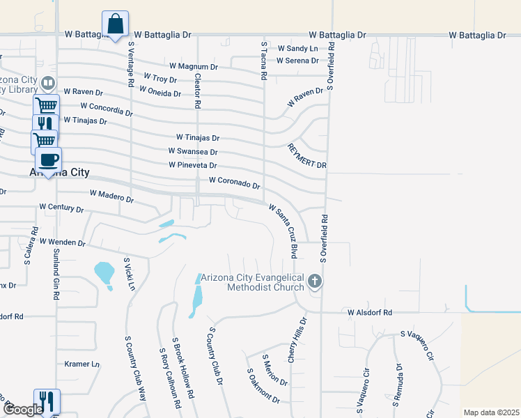 map of restaurants, bars, coffee shops, grocery stores, and more near 8435 West Santa Cruz Boulevard in Arizona City