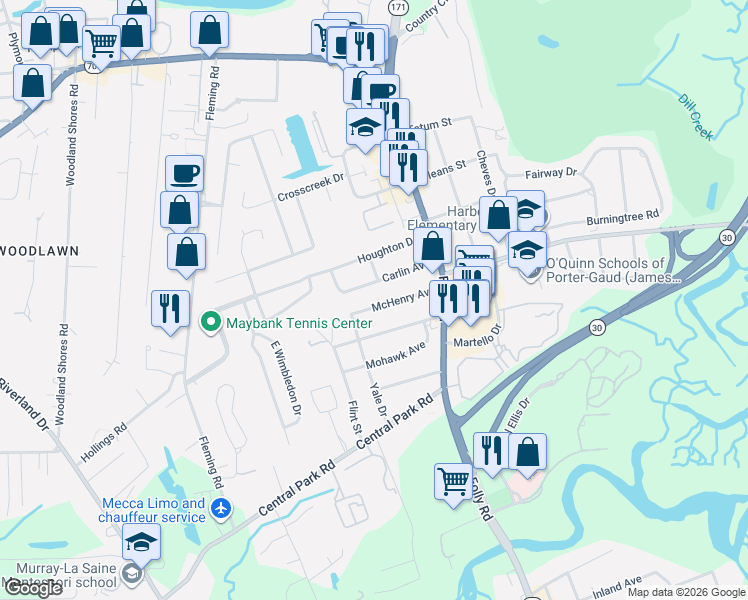 map of restaurants, bars, coffee shops, grocery stores, and more near 1746 McHenry Avenue in Charleston