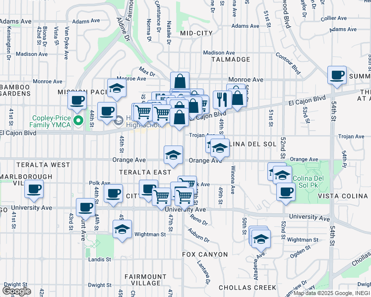 map of restaurants, bars, coffee shops, grocery stores, and more near 4241 Euclid Avenue in San Diego