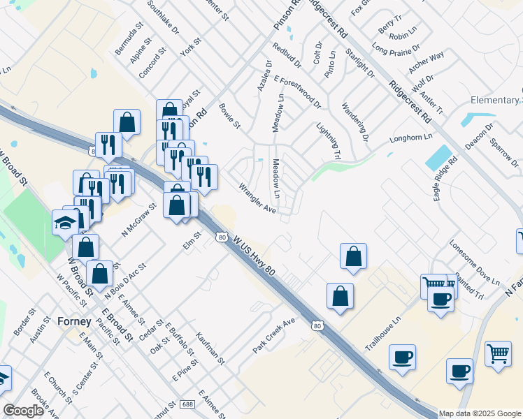 map of restaurants, bars, coffee shops, grocery stores, and more near 205 Wrangler Avenue in Forney