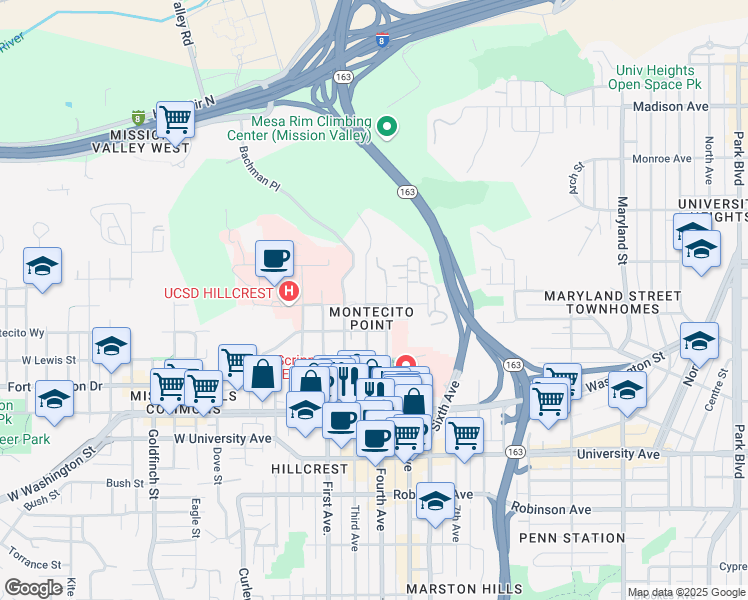 map of restaurants, bars, coffee shops, grocery stores, and more near 318 Arbor Drive in San Diego