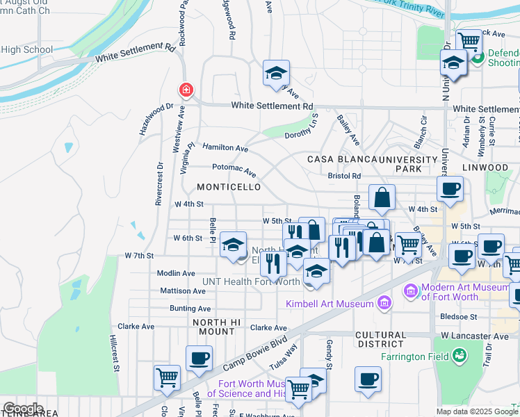 map of restaurants, bars, coffee shops, grocery stores, and more near 3755 West 4th Street in Fort Worth