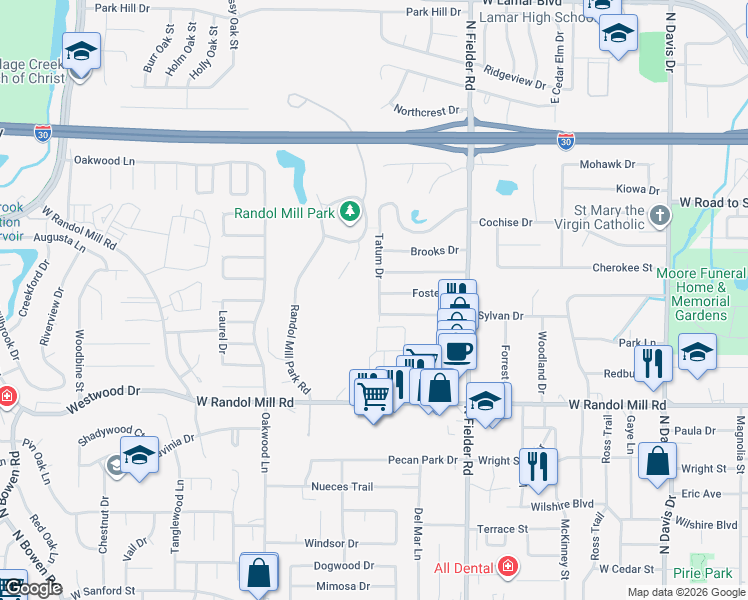 map of restaurants, bars, coffee shops, grocery stores, and more near 1404 Tatum Drive in Arlington