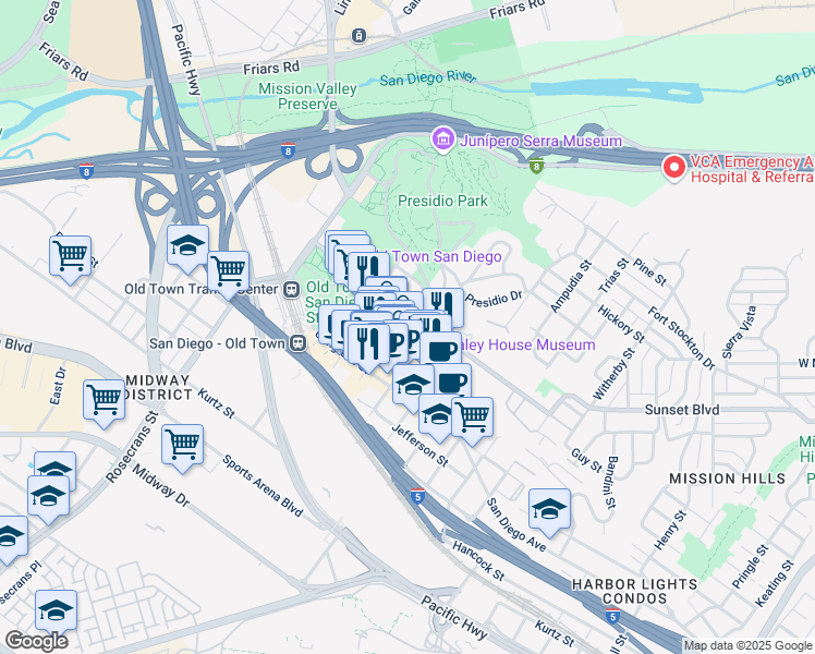 map of restaurants, bars, coffee shops, grocery stores, and more near 4015 Twiggs Street in San Diego