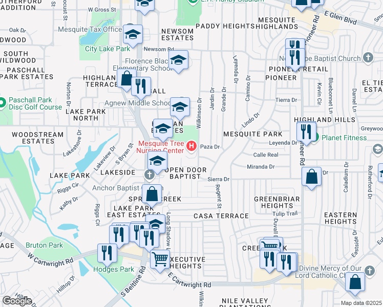 map of restaurants, bars, coffee shops, grocery stores, and more near 434 Paza Drive in Mesquite