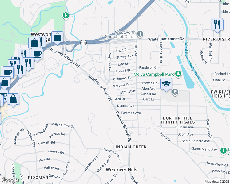 map of restaurants, bars, coffee shops, grocery stores, and more near 5881 Tracyne Drive in Westworth Village