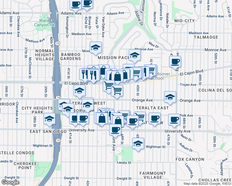 map of restaurants, bars, coffee shops, grocery stores, and more near 4241 Fairmount Avenue in San Diego