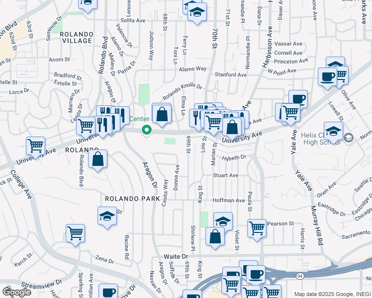map of restaurants, bars, coffee shops, grocery stores, and more near 4216 69th Street in San Diego