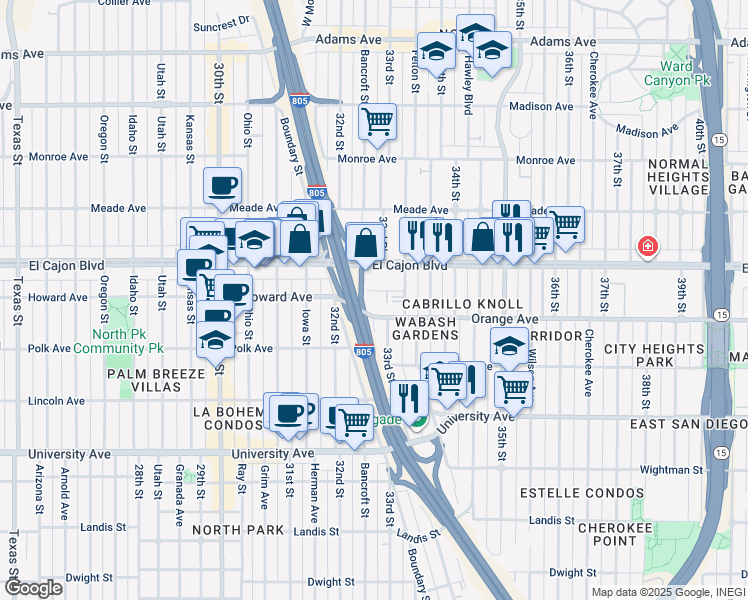 map of restaurants, bars, coffee shops, grocery stores, and more near 3285 Bramson Place in San Diego