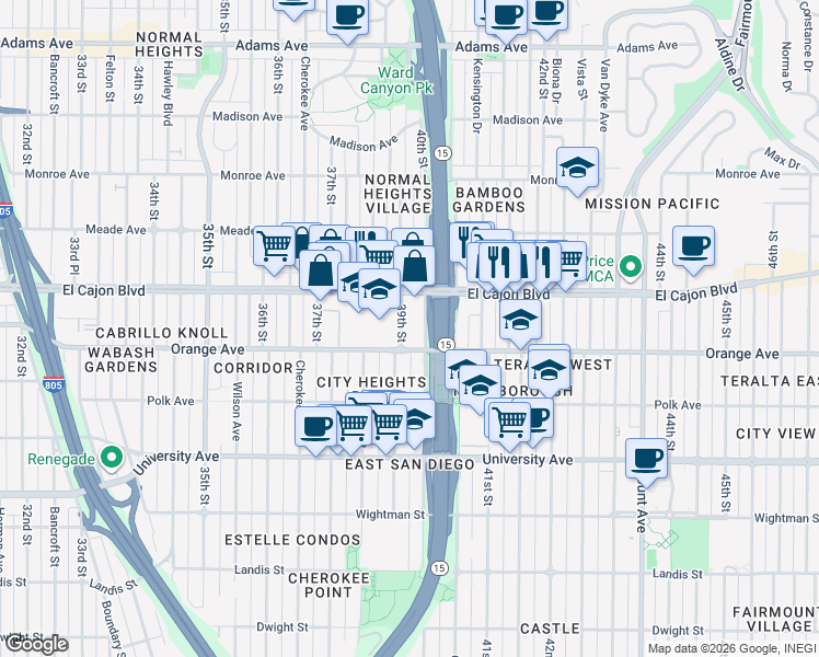 map of restaurants, bars, coffee shops, grocery stores, and more near 4233 39th Street in San Diego