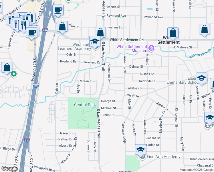 map of restaurants, bars, coffee shops, grocery stores, and more near 524 Allencrest Drive in White Settlement