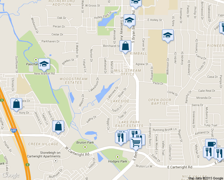 map of restaurants, bars, coffee shops, grocery stores, and more near 1105 Lakeview Drive in Mesquite