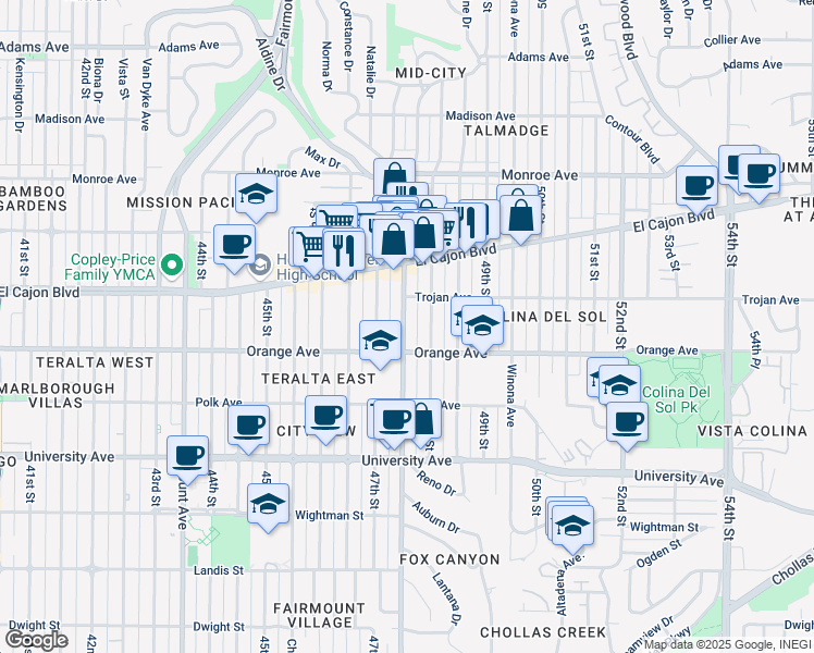 map of restaurants, bars, coffee shops, grocery stores, and more near 4245 Euclid Avenue in San Diego