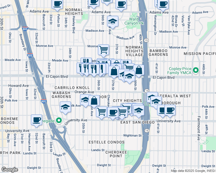 map of restaurants, bars, coffee shops, grocery stores, and more near 4233 Cherokee Avenue in San Diego