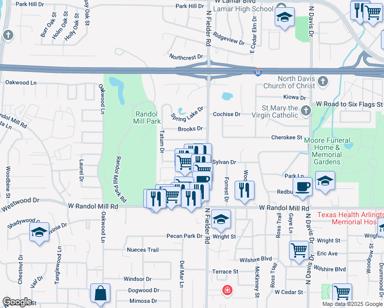 map of restaurants, bars, coffee shops, grocery stores, and more near 1704 Foster Drive in Arlington