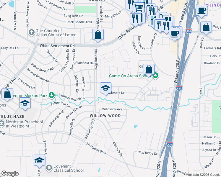 map of restaurants, bars, coffee shops, grocery stores, and more near 9837 Stoney Bridge Road in Fort Worth
