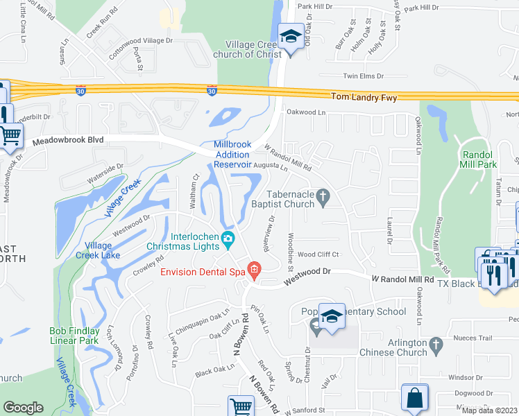 map of restaurants, bars, coffee shops, grocery stores, and more near 1413 Creekford Drive in Arlington