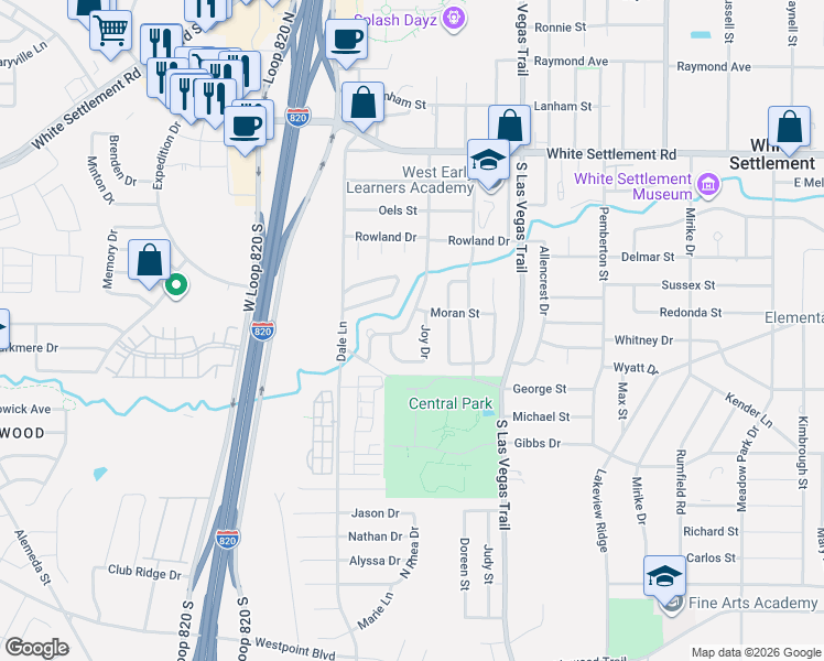 map of restaurants, bars, coffee shops, grocery stores, and more near 521 South Redford Lane in White Settlement