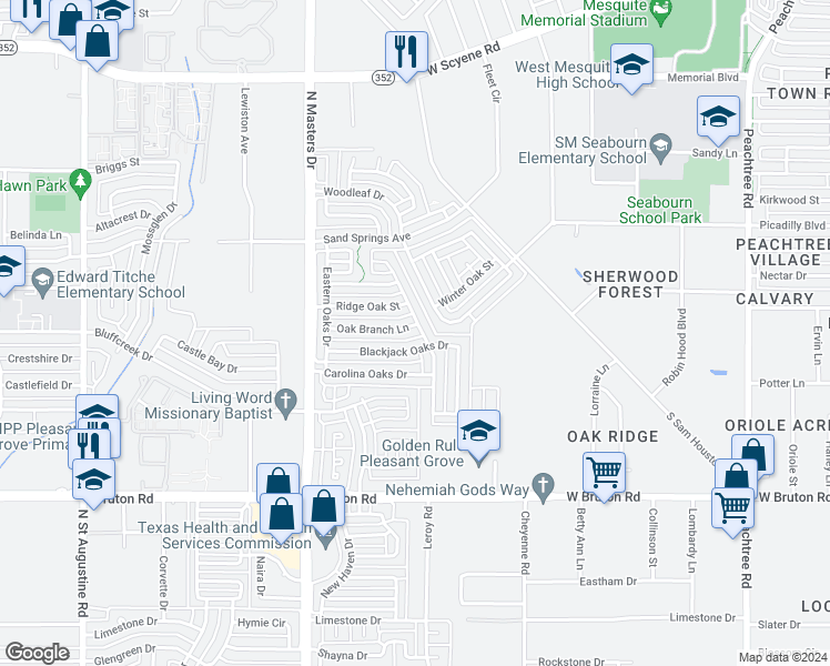 map of restaurants, bars, coffee shops, grocery stores, and more near 10356 Oak Branch Lane in Dallas
