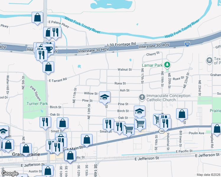 map of restaurants, bars, coffee shops, grocery stores, and more near 1510 Ash Street in Grand Prairie