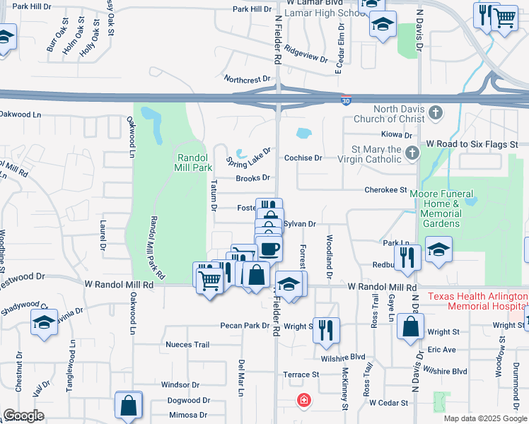map of restaurants, bars, coffee shops, grocery stores, and more near 1704 Foster Drive in Arlington