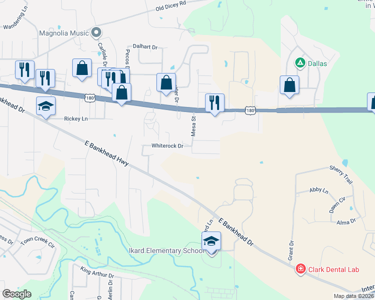 map of restaurants, bars, coffee shops, grocery stores, and more near 1670 Whiterock Drive in Weatherford