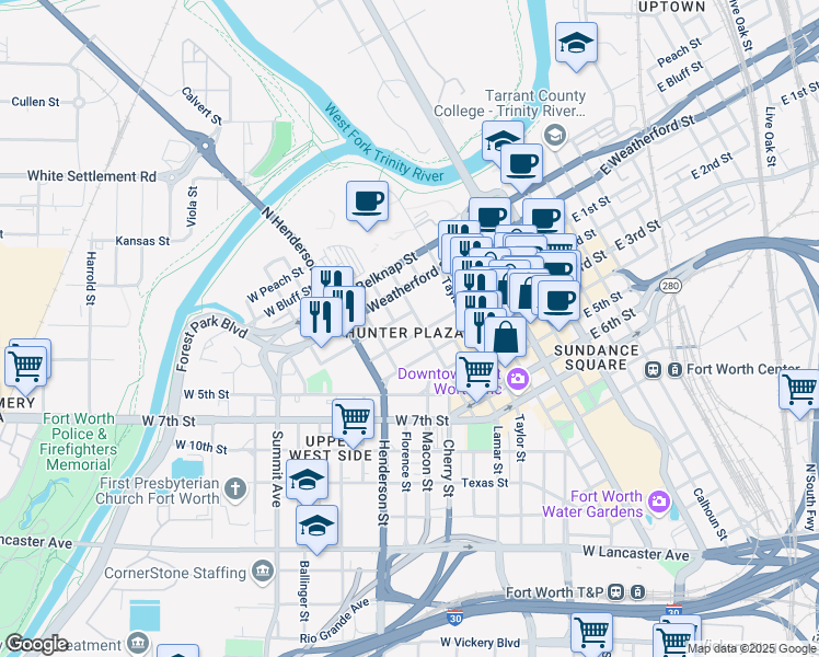 map of restaurants, bars, coffee shops, grocery stores, and more near 608w West 2nd Street in Fort Worth