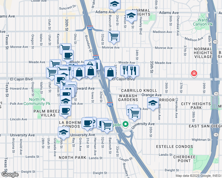 map of restaurants, bars, coffee shops, grocery stores, and more near 3253 Bramson Place in San Diego