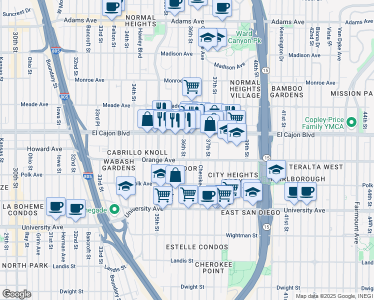 map of restaurants, bars, coffee shops, grocery stores, and more near 4235 36th Street in San Diego