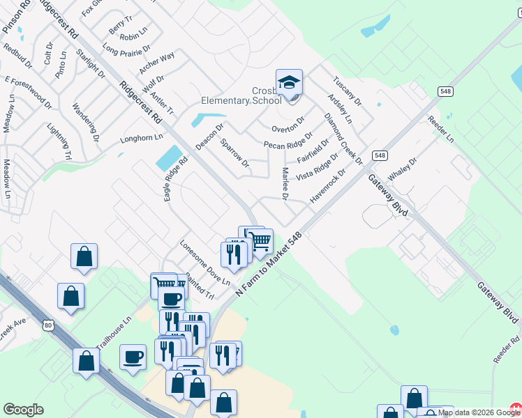 map of restaurants, bars, coffee shops, grocery stores, and more near 2019 Cardinal Drive in Forney