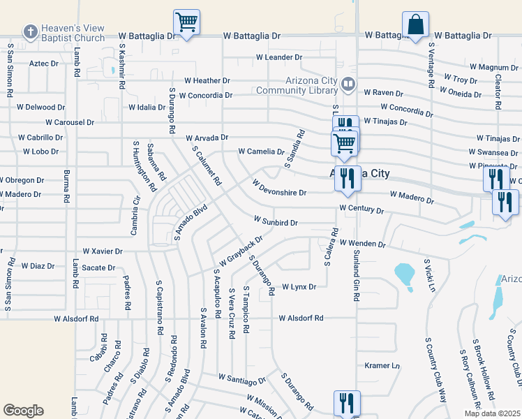 map of restaurants, bars, coffee shops, grocery stores, and more near 10133 West Century Drive in Arizona City