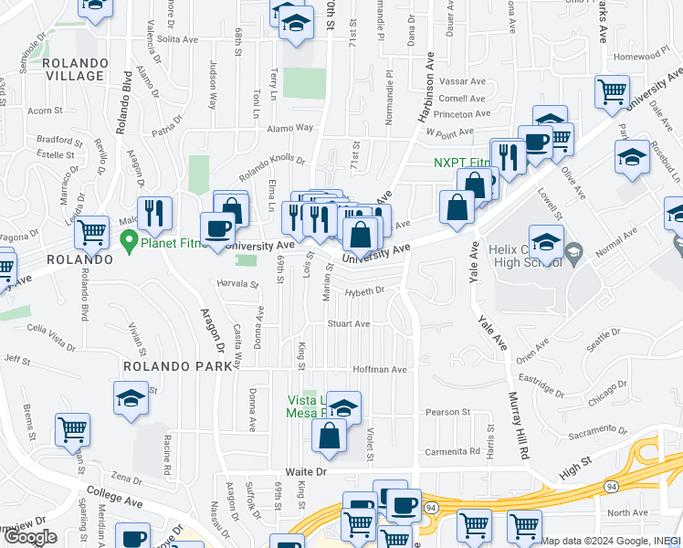 map of restaurants, bars, coffee shops, grocery stores, and more near 7025 Boulevard Drive in La Mesa