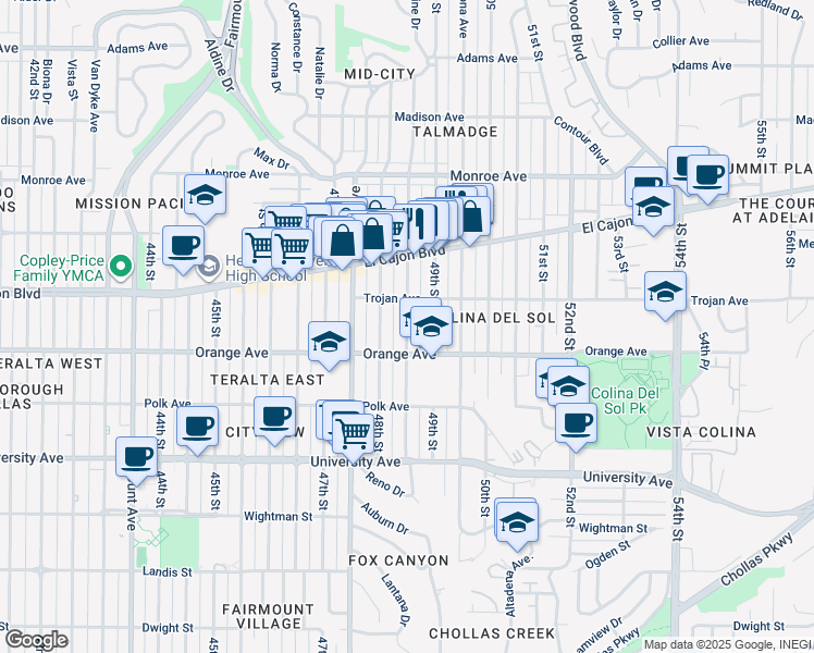 map of restaurants, bars, coffee shops, grocery stores, and more near 4245 Estrella Avenue in San Diego