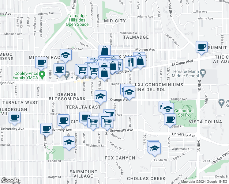 map of restaurants, bars, coffee shops, grocery stores, and more near 4244 48th Street in San Diego