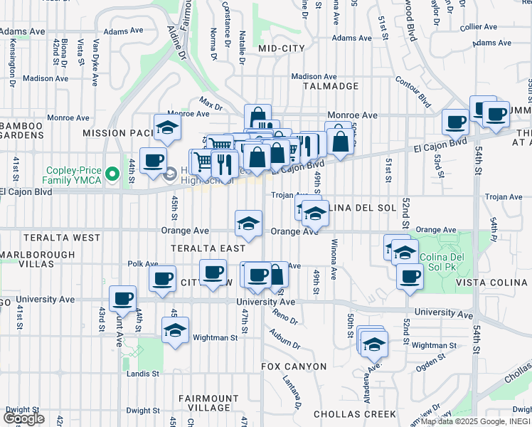 map of restaurants, bars, coffee shops, grocery stores, and more near 4244 48th Street in San Diego