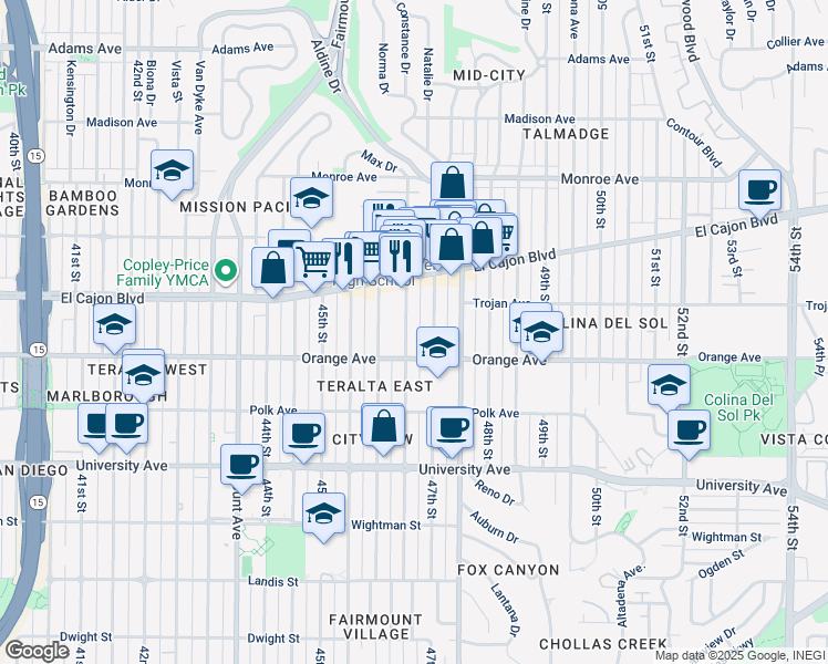 map of restaurants, bars, coffee shops, grocery stores, and more near 4240 Menlo Avenue in San Diego