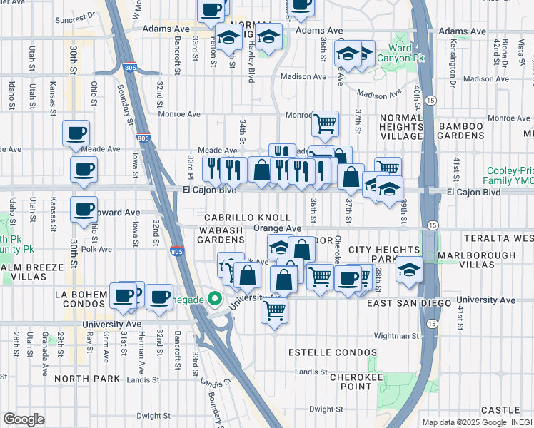map of restaurants, bars, coffee shops, grocery stores, and more near 4249 1/2 35th Street in San Diego